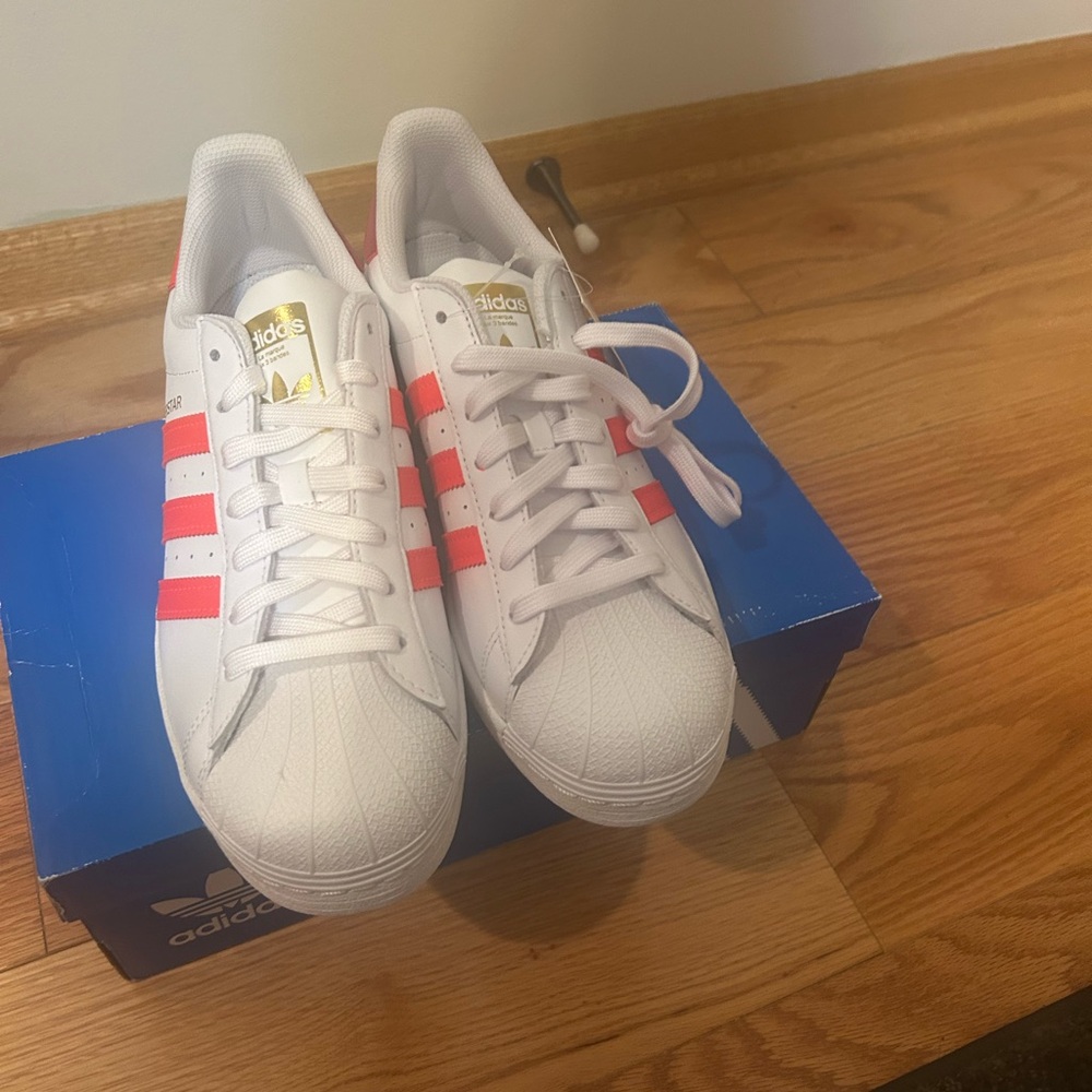 Adidas White Sneakers with Red Stripes